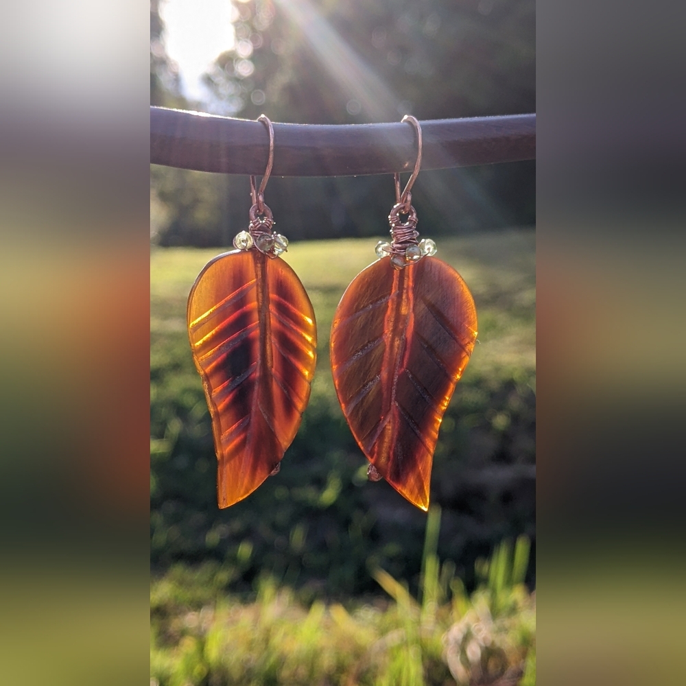 Artisan Autumn Leaf Earrings Carved Horn Hand Wrapped In Solid Copper - Picture 5 of 16